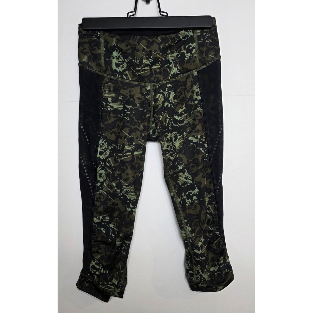 Lululemon Green Abstract Camo Mesh Panel Cropped Leggings Size 2 Reflective